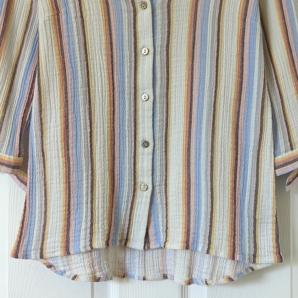 Soft Surroundings Colorful Striped Gauze Tied Quarter Sleeve Button Down Top XSP - Picture 6 of 10